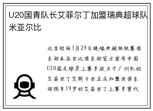 U20国青队长艾菲尔丁加盟瑞典超球队米亚尔比